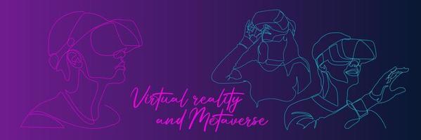 kontinuierlich einer Linie Zeichnung Mann oder Frau im Brille Gerät virtuell Wirklichkeit oder vr. Metaverse mit Cyberpunk Thema. vektor