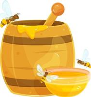 Vektor Illustration von ein Fass mit Honig, Bienen Sitzung auf ein hölzern Fass mit Honig, ein Untertasse mit Honig, fliegend um