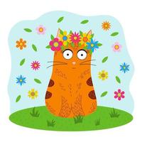 röd katt med blommor, sommar vektor illustration