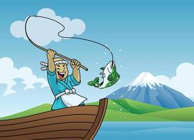 Karikatur Japan Fischer Angeln auf das See vektor
