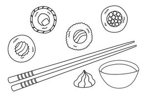 traditionelles japanisches Sushi und Brötchen, Wasabi, Sojasauce und Essstäbchen isoliert auf weißem Hintergrund. vektor