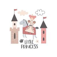 liten prinsessa. tecknad serie prinsessa, slott, hand teckning text, dekor element. färgrik vektor illustration, platt stil. design för kort, t-shirt skriva ut, affisch