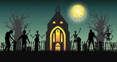 halloween läskig zombie i kyrkogård med kyrkan vektor