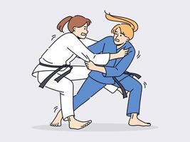 Frauen im Karate Kimonos Kampf auf Ring. weiblich Sportler im Uniform beteiligt im kriegerisch Künste. Sport und Wettbewerb. Vektor Illustration.