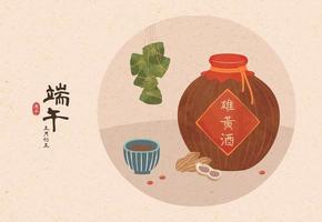 Drachen Boot Festival Realgar Wein und zonzi Illustration, duanwu, Datum und Wein Name geschrieben im Chinesisch Kalligraphie vektor