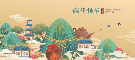 naturskön förbise se av ris klimp kullar och kinesisk byggnader höljd i dimma, kinesisk översättning, Lycklig drake båt festival vektor