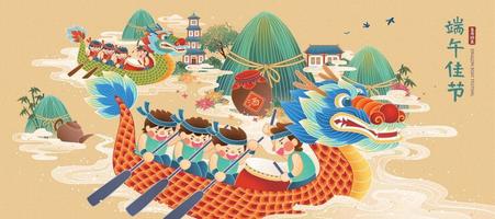 baner för Duanwu festival i platt stil, med två grupper av människor påfrestande till vinna de drake båt lopp, kinesisk översättning, Lycklig drake båt festival vektor