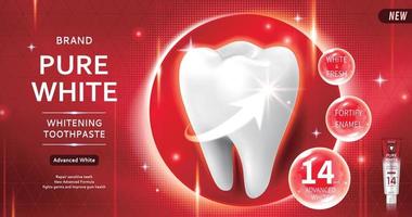 ren vit tandkräm annonser med jätte rena tand över röd halvton bakgrund i 3d illustration vektor