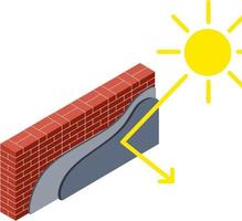 rot Backstein Mauer im Isometrie mit Schichten von Gips und Isolierung. Konstruktion von Gebäude. planen von Betrachtung und Schutz von Hitze und Sonnenlicht. Material zum Zuhause Reparatur vektor