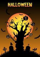 halloween siluett dött träd på nattkyrkogården vektor
