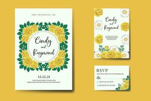 bröllop inbjudan ram uppsättning, blommig vattenfärg digital hand dragen gul reste sig blomma design inbjudan kort mall vektor