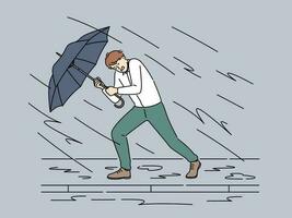 avgörande affärsman med paraply promenad mot storm och regn. motiverad manlig anställd skydda han själv från företag problem och tung uppgifter. vektor illustration.