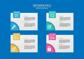 företag infographic 4 alternativ fyrkant mång färgad ikoner olika former på hörn med tal och brev blå bakgrund design för val marknadsföring, finansiera, investering, produkt, planera, tillväxt vektor