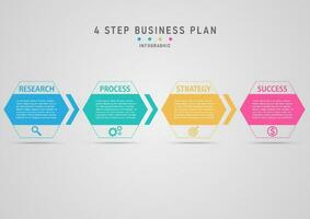 Infografik 4 Schritte zu erfolgreich Geschäft Planung multi farbig Hexagon Pfeile und Symbole grau Gradient Hintergrund Design zum Marketing, Finanzen, Investition vektor