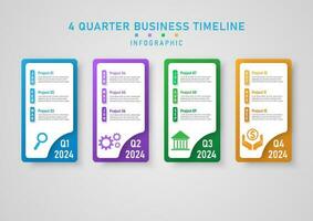 infographic företag planera 4 fjärdedel ljus mång färgad kvadrater med månad förkortning och ikoner på grå lutning bakgrund design för marknadsföring, tillväxt, finansiera, investering, produkt vektor