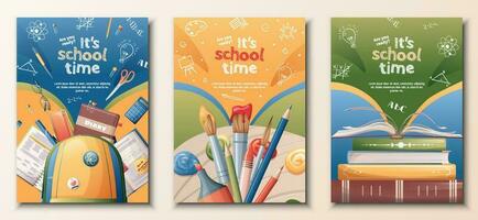 Schule Banner Satz. zurück zu Schule, Wissen, Bildung. Plakate mit Schule Lehrbücher, Bücher, Rucksack, malt. Vektor einstellen von a4 Größe Flyer.