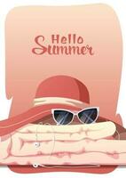 affisch med strand hatt och sommar Tillbehör. sommar tid, Hej sommar. solglasögon, handduk. vykort, baner, bakgrund för sommar högtider. vektor