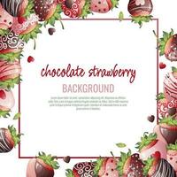 vykort med choklad jordgubbar. gräns, ram med romantisk ljuv efterrätt, bär i choklad sirap. bakgrund med jordgubbar dekorerad med choklad pommes frites. vektor illustration.
