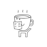 hand dragen söt kaffe läsning tidning tecknad serie maskot karaktär vektor illustration Färg barn tecknad serie rolig kaffe ClipArt