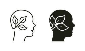 ekologi aning, eco grön tänkande linje och silhuett ikon uppsättning. växt i mänsklig huvud. blad och person hjärna miljö symbol samling på vit bakgrund. isolerat vektor illustration.