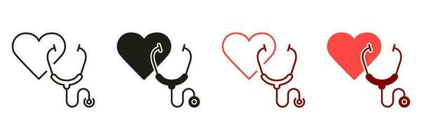 stetoskop linje och silhuett ikon uppsättning. hjärta sjukdom diagnos verktyg. läkares instrument för puls undersökning, läkare Utrustning svart och Färg symbol samling. isolerat vektor illustration.