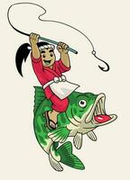 Japan Karikatur Fischer Angeln das Bass Fisch vektor