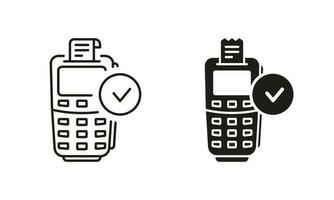 erfolgszahlung auf zahlungsterminallinie und silhouettensymbolsatz. genehmigen sie die transaktion auf dem pos-piktogramm. bargeldlose kaufzahlung mit häkchensymbolsammlung. isolierte Vektorillustration. vektor