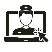 Arzt online Beratung im Laptop Silhouette Symbol. Telemedizin Gesundheitswesen Glyphe Symbol. virtuell medizinisch Service. Fernbedienung Arzt Hilfe Piktogramm. isoliert Vektor Illustration.