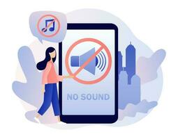 Nein Klang - - Text auf Smartphone Bildschirm. ruhig Zone Konzept. halt Lärm Zeichen und winzig Personen. Volumen aus oder stumm Modus Zeichen zum Smartphone oder Laptop. modern eben Karikatur Stil. Vektor Illustration
