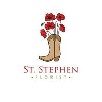 st. stephen blomsterhandlare vektor logotyp design. cowboy känga med vallmo logotyp. unik begrepp blommig logotyp mall.