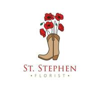 st. stephen Florist Vektor Logo Design. Cowboy Stiefel mit Mohnblumen Logotyp. einzigartig Konzept Blumen- Logo Vorlage.