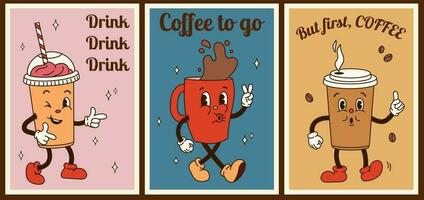 einstellen 3 Plakate mit groovig Kaffee Zeichen mit Motivation Zitate im retro Karikatur Stil von 60er Jahre 70er. eben Vektor Illustration.