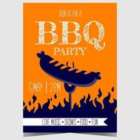 bbq fest eller utegrill händelse inbjudan affisch med en korv på en gaffel över de flamma av en grill. vektor illustration för utomhus- picknick och kött matlagning med familj och vänner under de helgen.