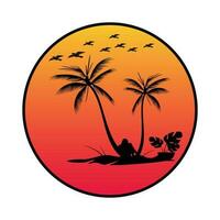 tropisk solnedgång med handflatan träd logotyp, ensam män vektor illustration