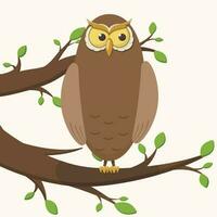 Vektor einfach isoliert Illustration. Karikatur Charakter Eule oder Adler Eule Sitzung auf ein Baum Ast mit Blätter. ein Vogel mit groß Augen und ein Schnabel.