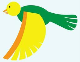 ein Vogel, Kanarienvogel Vogel fliegend im das Himmel, Grün und Orange und Gelb und Blau Farben, Vogel Illustration Vektor, bunt Vogel, minimal Zeichnung Stil, geeignet zum Tierarzt und Zoo Zeichen und Logo und Banner vektor