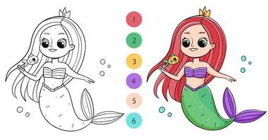 Farbe durch Zahlen Färbung Buch zum Kinder mit süß Meerjungfrau. Färbung Seite mit Karikatur Meerjungfrau mit ein Beispiel zum Färbung. einfarbig und Farbe Versionen. Vektor Illustration.