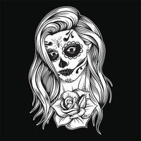 Zucker Schädel Mädchen Muertos Mädchen Gesicht mit Blume Rosen Gemälde Dame Jahrgang Stil Illustration vektor