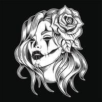 Zucker Schädel Mädchen Muertos Mädchen Gesicht mit Blume Rosen Gemälde Dame Jahrgang Stil Illustration vektor