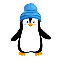 Vektor Illustration von süß wenig Pinguin im Blau Hut isoliert auf Weiß. Tier Winter Clip Art im eben Stil.