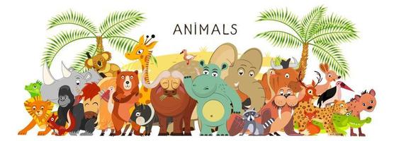 stor grupp av djur i tecknad serie platt stil stå tillsammans. värld fauna. vektor illustration