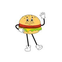 groovig Hamburger Aufkleber. Karikatur Cheeseburger im retro Stil, Jahrgang Burger Charakter zum Poster, Speisekarte. Hippie Maskottchen zum schnell Essen vektor
