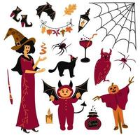 Halloween Element einstellen Hexe, Geist, gespenstisch Schloss, Mumie, Skelett, komisch Kürbisse. perfekt zum Scrapbooking, Gruß Karte, Party Einladung, Poster, Schild, Aufkleber Bausatz. Hand gezeichnet Vektor Illustration.