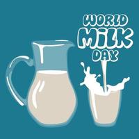 värld mjölk dag, juni 1. vektor illustration, en glas kanna och en glas av mjölk in i som mjölk är hällde från de inskrift. skriva ut baner, flygblad i hedra av de Semester på en blå bakgrund