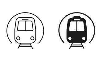 U-Bahn Zug Linie und Silhouette schwarz Symbol Satz. Metro Bahnhof Piktogramm. unter Tage Bahnhof zum elektrisch Öffentlichkeit Transport Gliederung und solide Symbol Sammlung. isoliert Vektor Illustration.