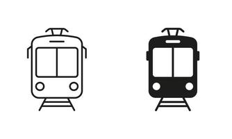 Straßenbahn Linie und Silhouette schwarz Symbol Satz. Straßenbahn, Straßenbahn Piktogramm. halt Bahnhof zum Stadt elektrisch Öffentlichkeit Fahrzeug Transport Gliederung und solide Symbol Sammlung. isoliert Vektor Illustration.