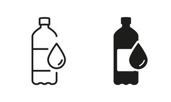 vatten flaska silhuett och linje ikon uppsättning. plast flaska för drycker, mineral vatten, juice, soda svart tecken. återvinna flaska symbol samling. isolerat vektor illustration.