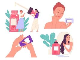 ung kvinnor ta vård av deras hud med annorlunda kosmetisk Produkter. vektor