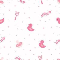 klippbok sömlös bakgrund. rosa bebis dusch mönster. söt skriva ut med Anka, napp och skallra vektor