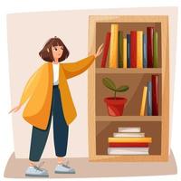 Student, Frau, Mädchen mit Buch im Wohnung. Studenten Wer lernen. glücklich Mädchen Schüler mit Buch. Bibliothek Bücher zum Schüler im eben Stil. glücklich Leser lesen Fiktion. Traum Tag Festival im öffnen Bibliothek. vektor